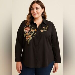 Chicos Embellished Floral Button Up Shirt Black Size 3 16 18 Long Sleeve